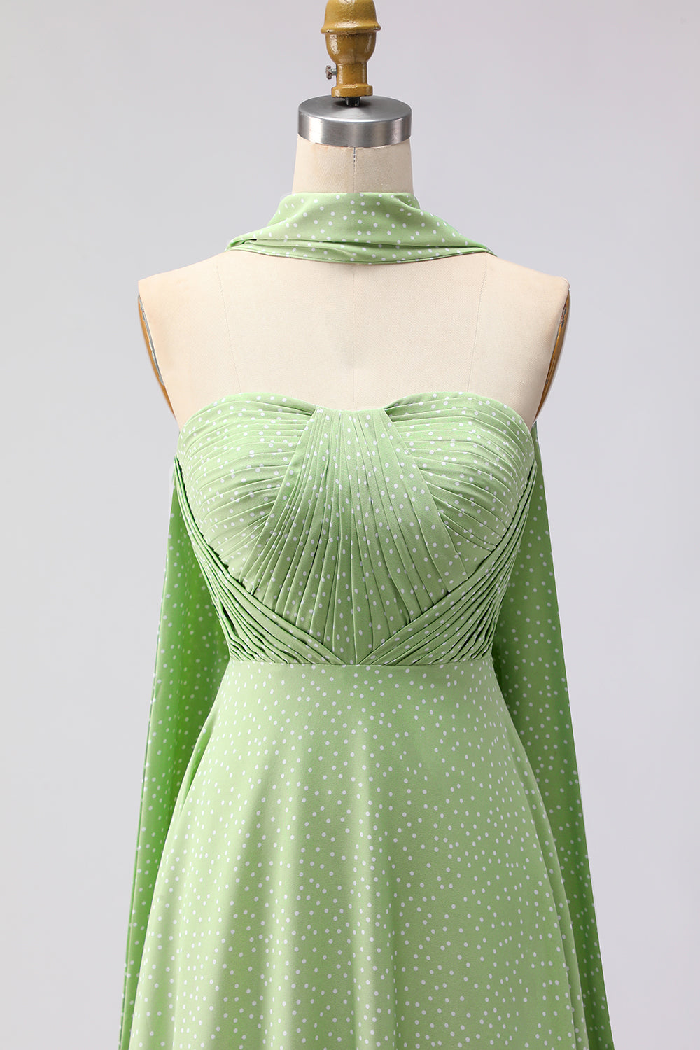 Green A Line Polka Dots Neck Scarf Long Prom Dress