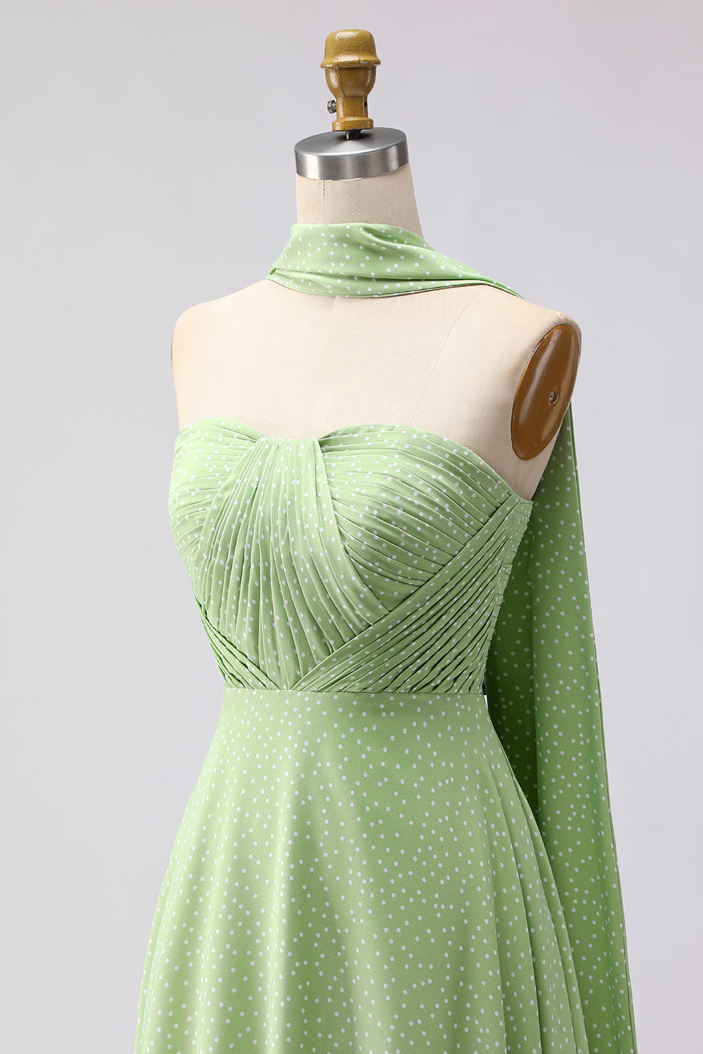 Green A Line Polka Dots Neck Scarf Long Prom Dress