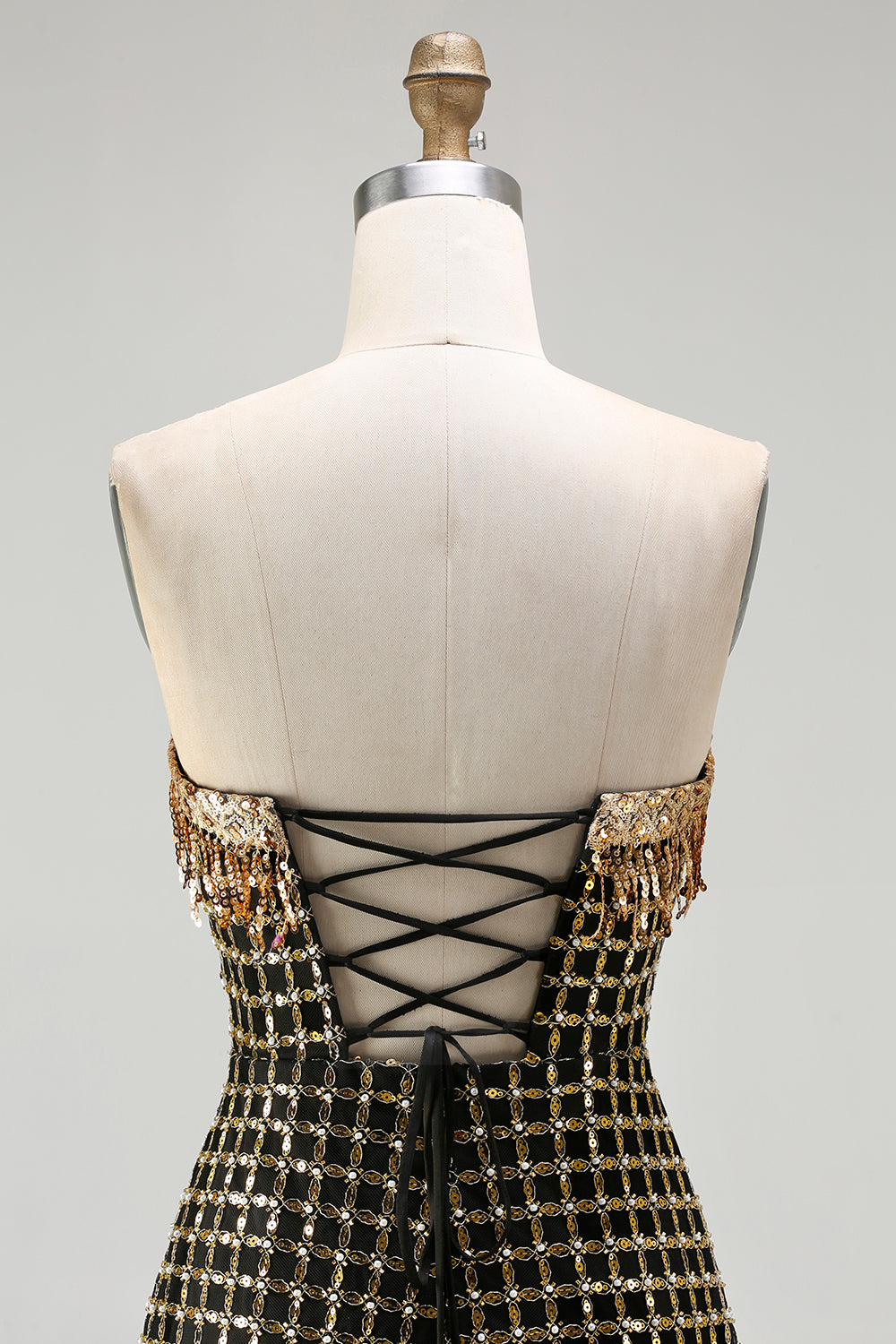 Sparkly Black and Golden Strapless Mermaid Long Prom Dress with Slit