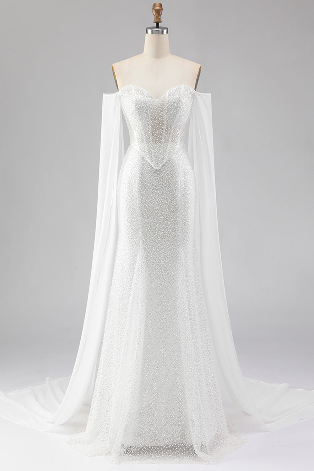 Sparkly White Mermaid Off the Shoulder Beaded Corset Long Prom Dress
