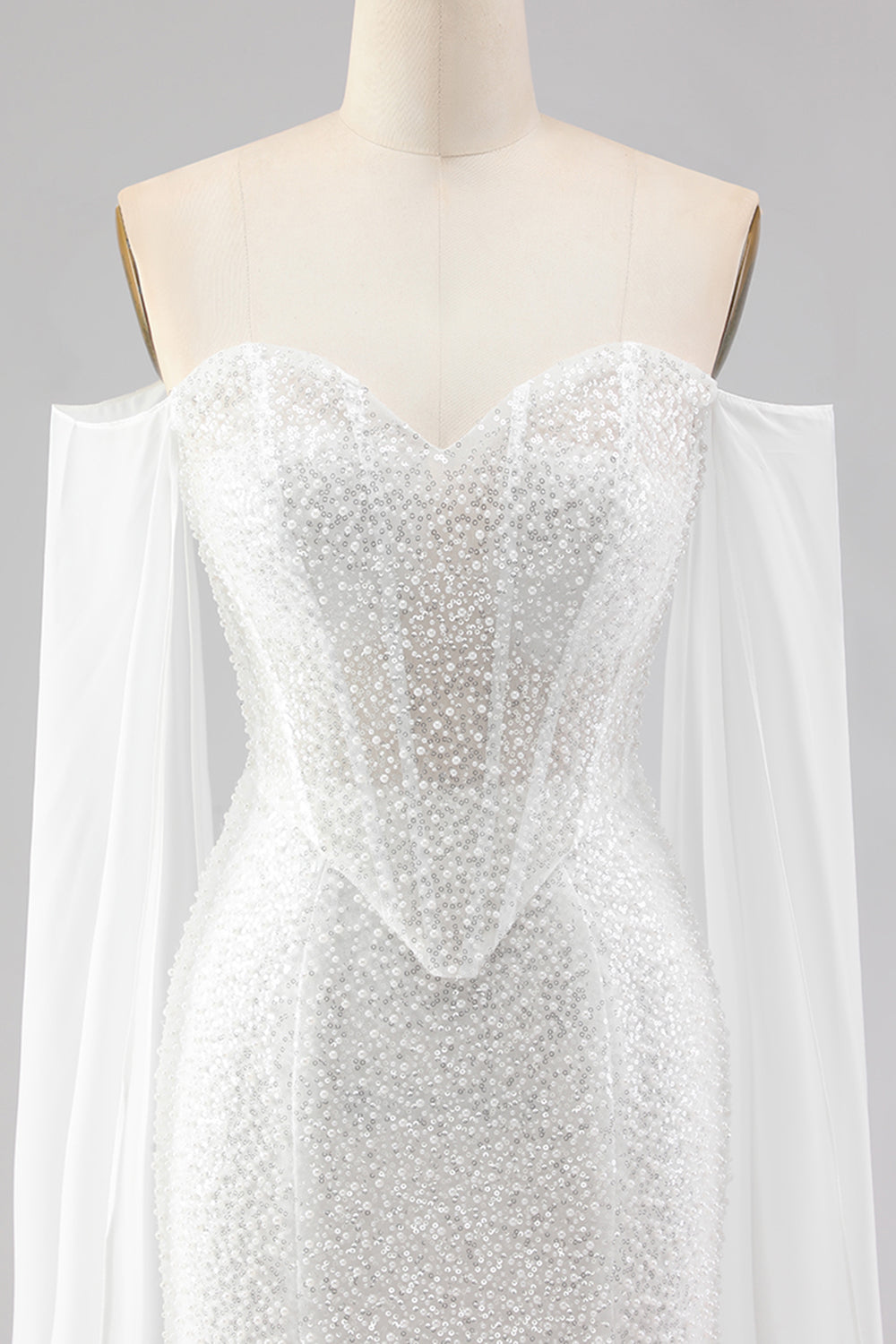 Sparkly White Mermaid Off the Shoulder Beaded Corset Long Prom Dress