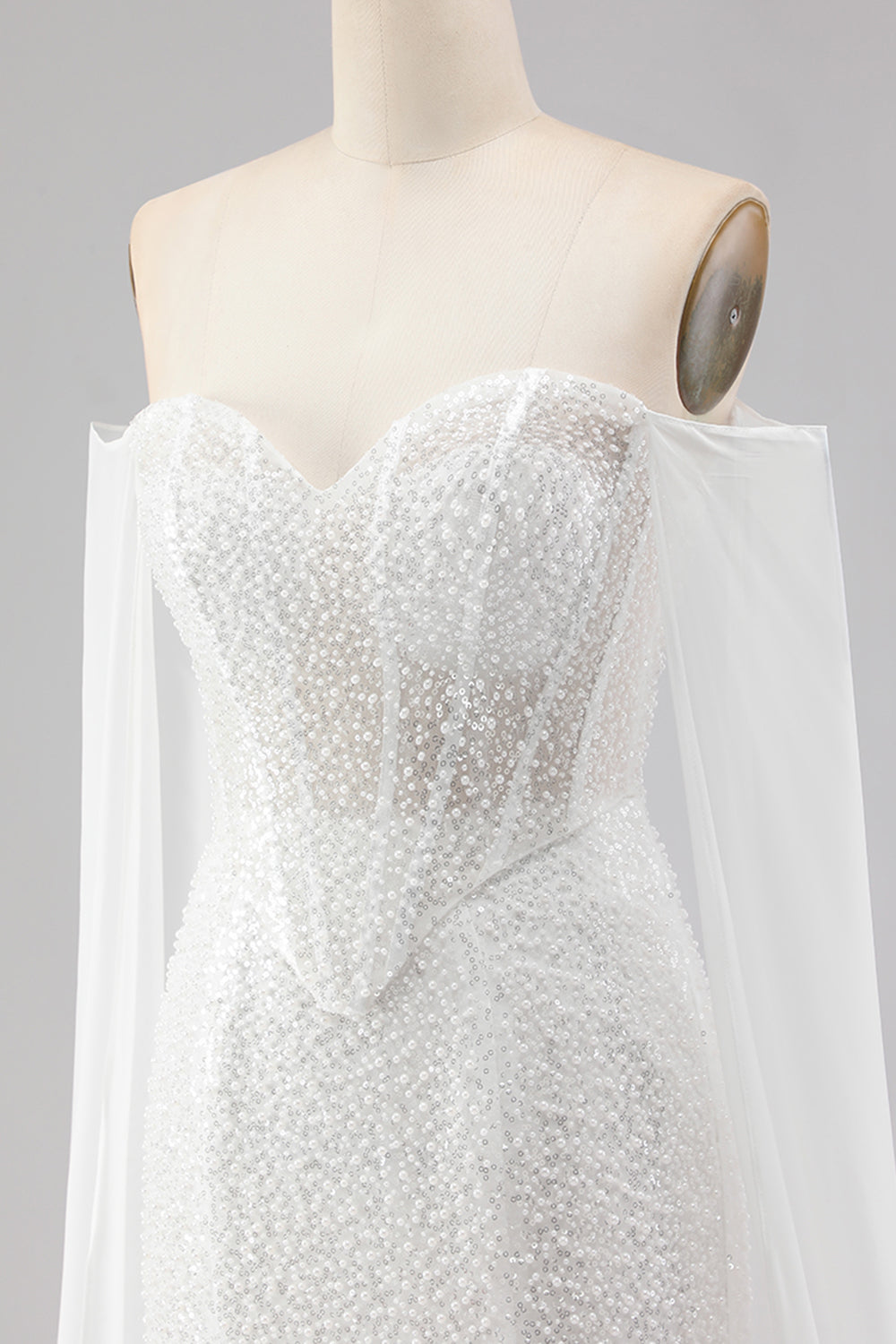 Sparkly White Mermaid Off the Shoulder Beaded Corset Long Prom Dress