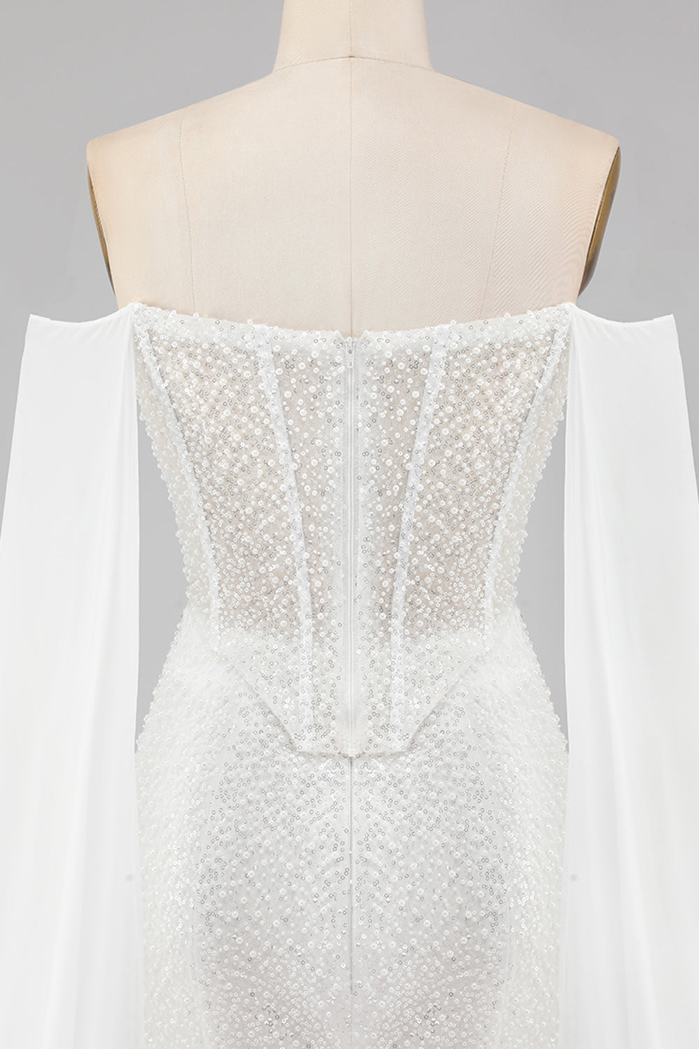 Sparkly White Mermaid Off the Shoulder Beaded Corset Long Prom Dress