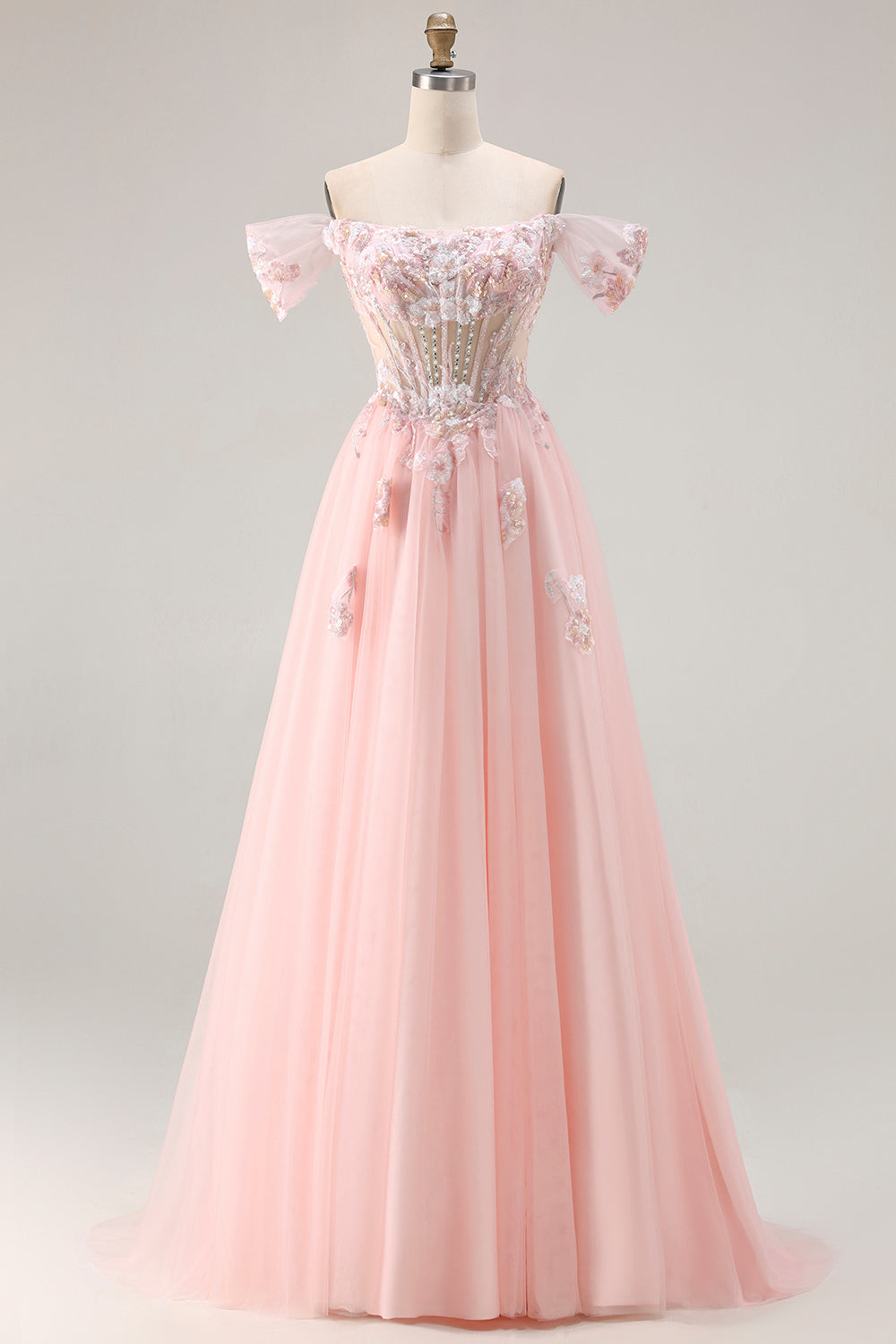 Sparkly Pink Floral Tulle A Line Long Corset Prom Dress with Beading