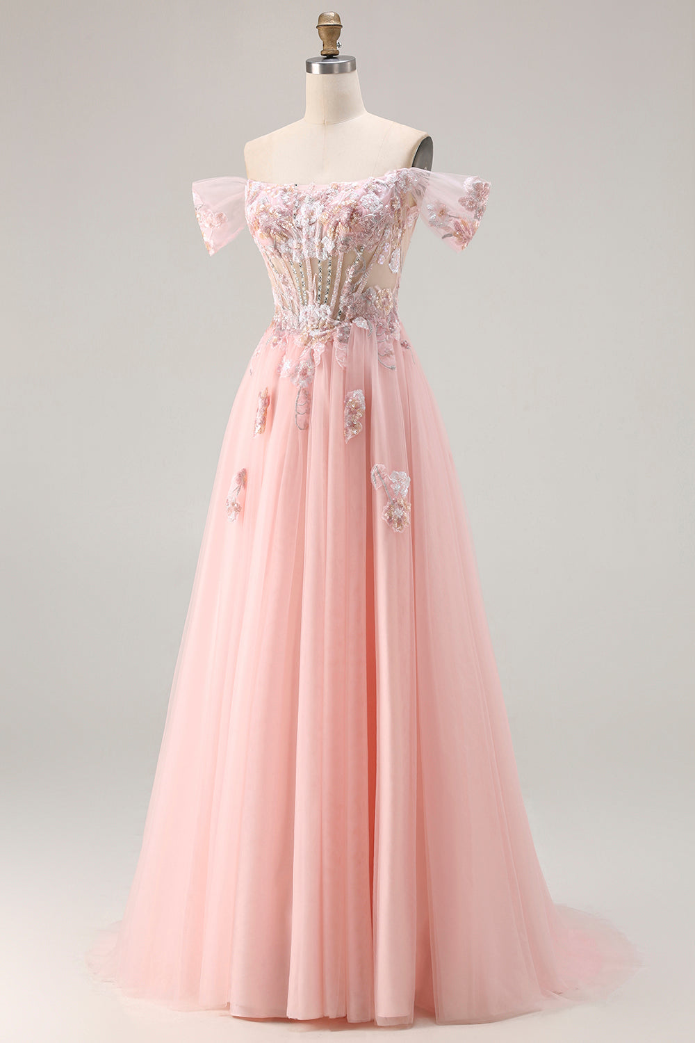 Sparkly Pink Floral Tulle A Line Long Corset Prom Dress with Beading