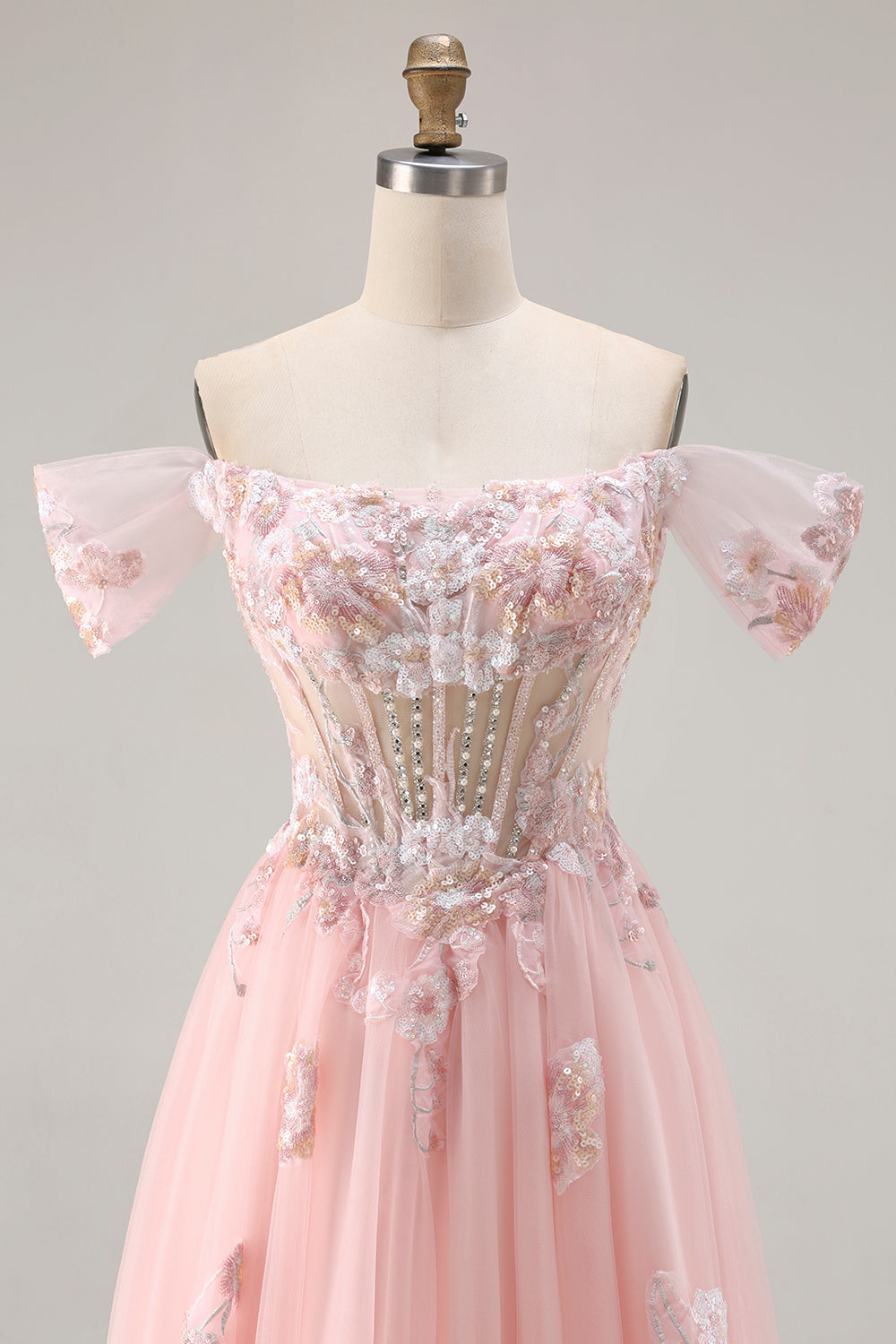 Sparkly Pink Floral Tulle A Line Long Corset Prom Dress with Beading