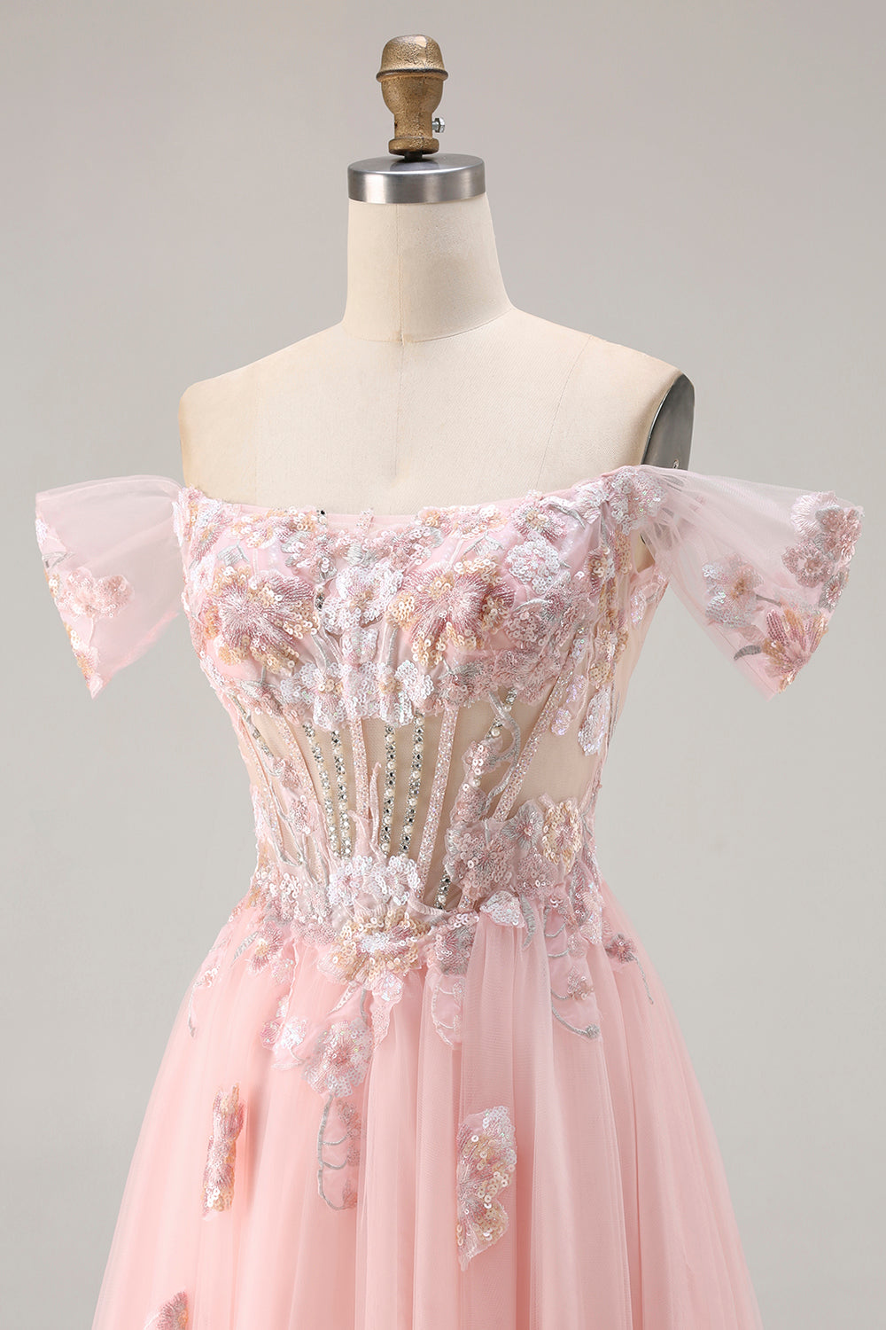 Sparkly Pink Floral Tulle A Line Long Corset Prom Dress with Beading