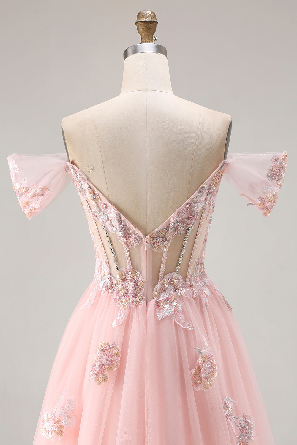 Sparkly Pink Floral Tulle A Line Long Corset Prom Dress with Beading