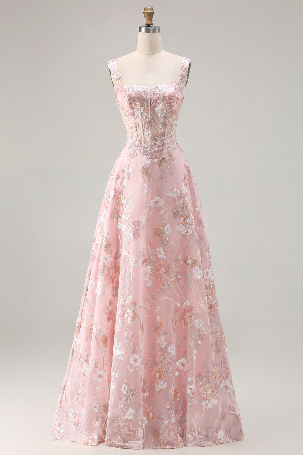 Sparkly Pink Floral A Line Corset Long Prom Dress with Sequin