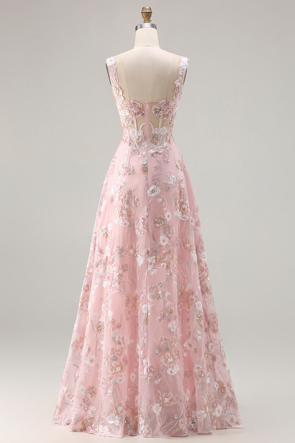 Sparkly Pink Floral A Line Corset Long Prom Dress with Sequin