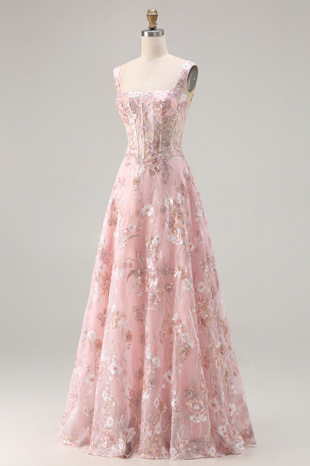 Sparkly Pink Floral A Line Corset Long Prom Dress with Sequin