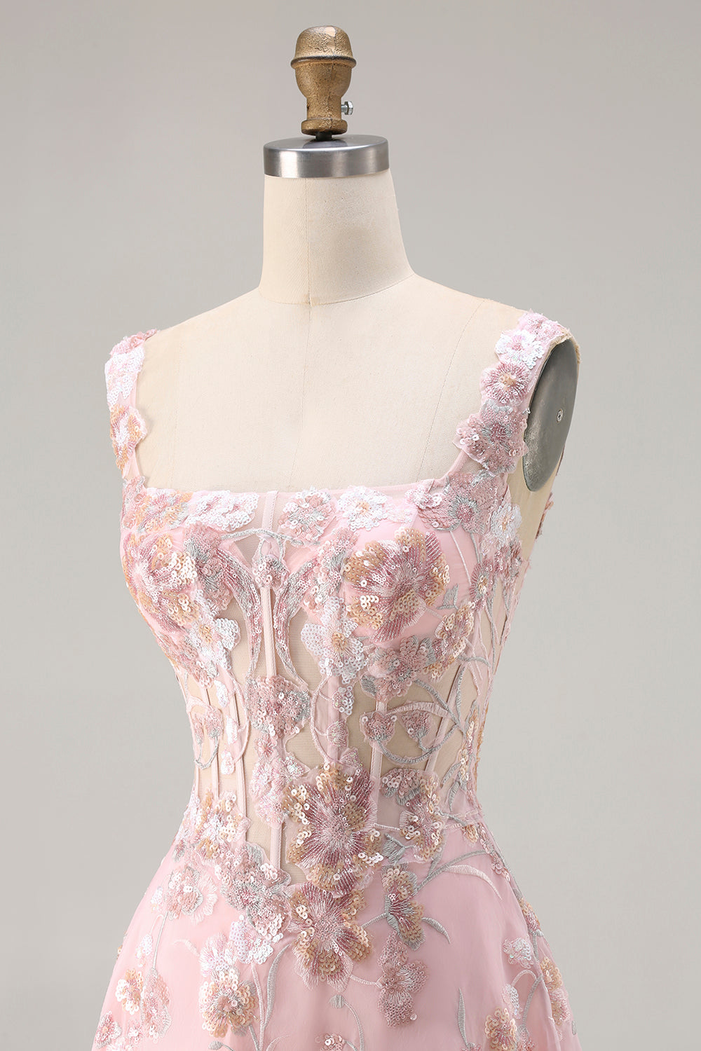 Sparkly Pink Floral A Line Corset Long Prom Dress with Sequin