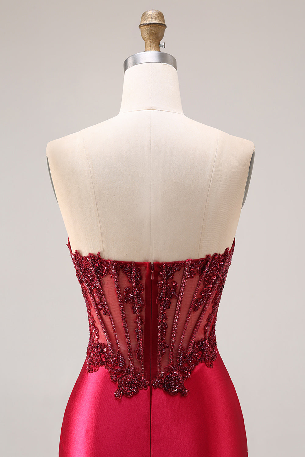 Sparkly Burgundy Beaded Mermaid Ruched Long Corset Prom Dress with Slit