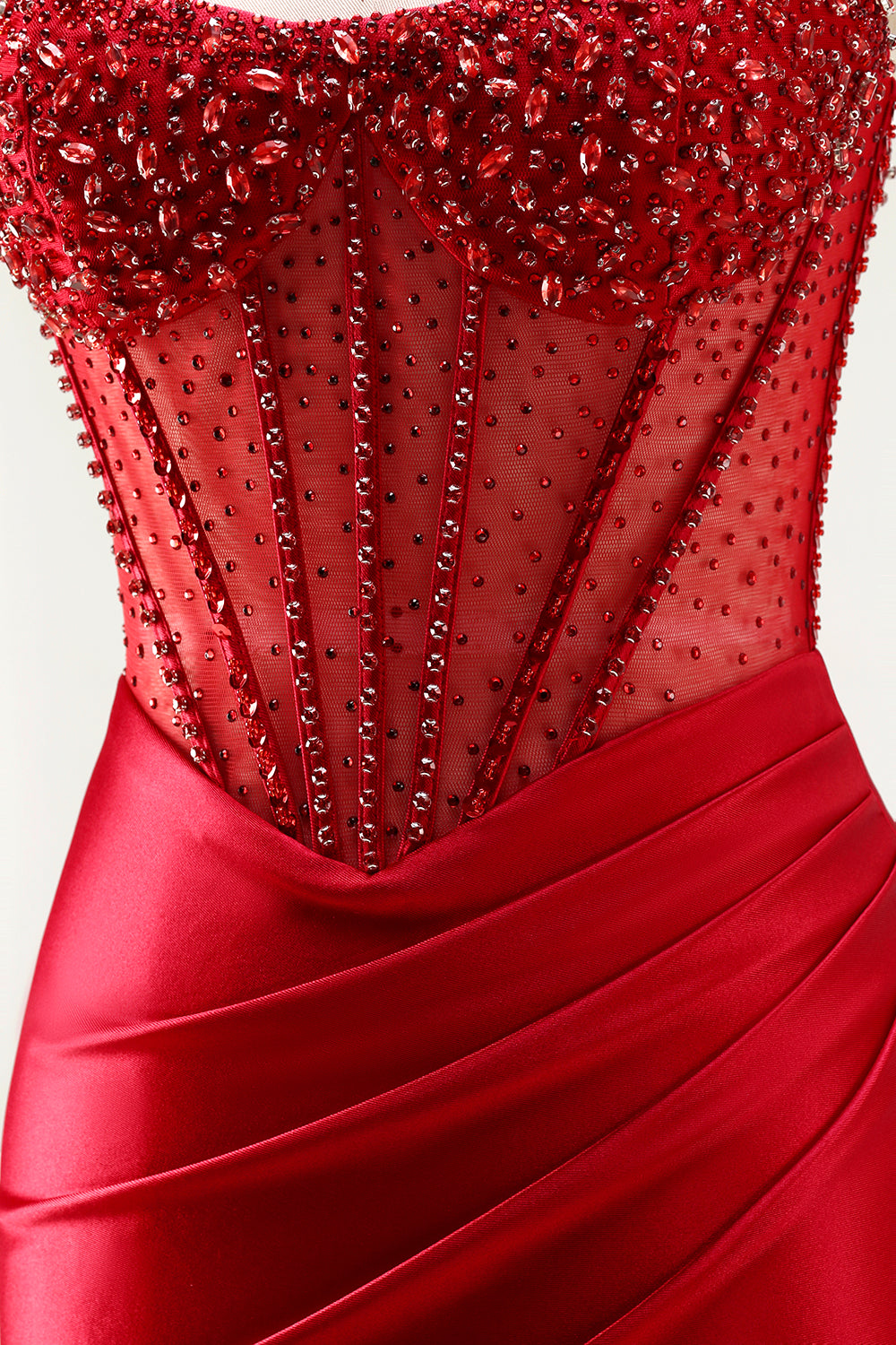 Sparkly Red Satin Corset Mermaid Long Beaded Prom Dress with Slit