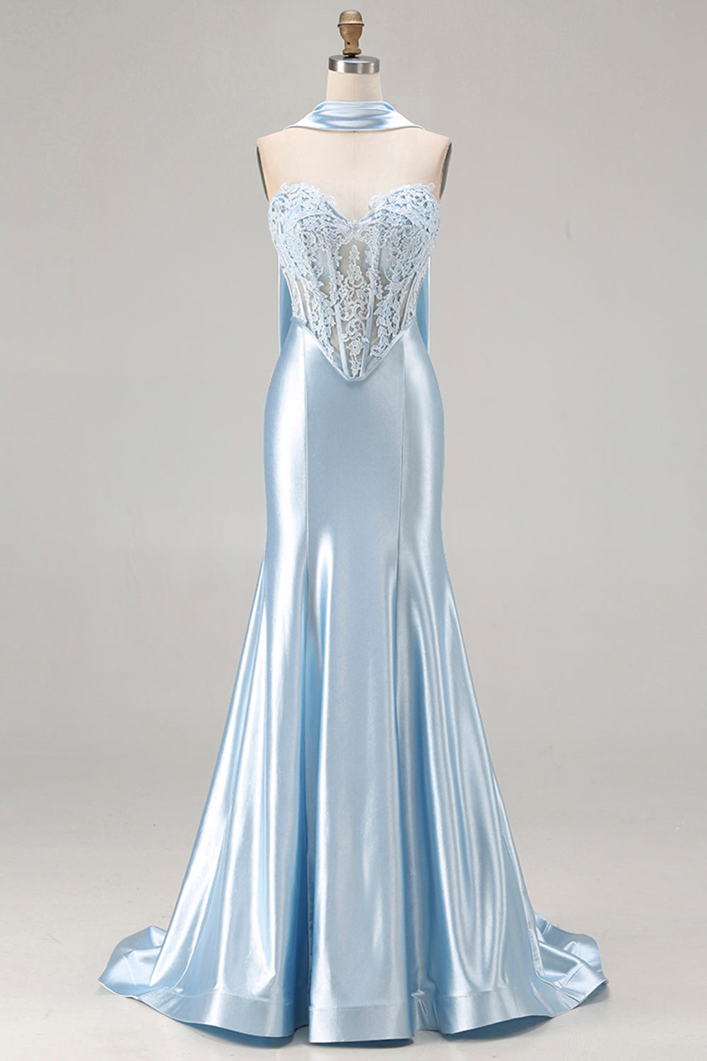 Blue Satin Sweetheart Mermaid Long Corset Prom Dress