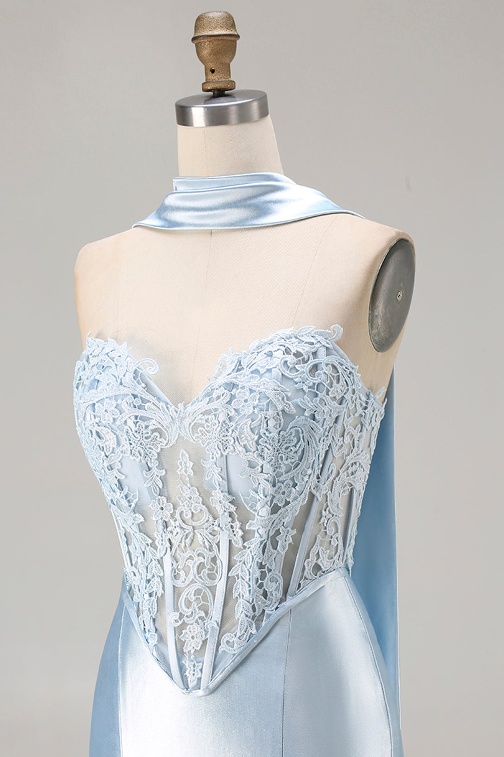 Blue Satin Sweetheart Mermaid Long Corset Prom Dress
