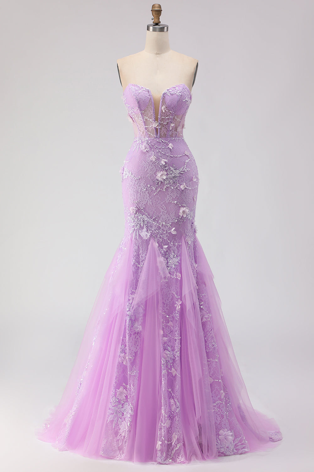 Floral Yellow Tulle Strapless Mermaid Long Corset Prom Dress with Lace