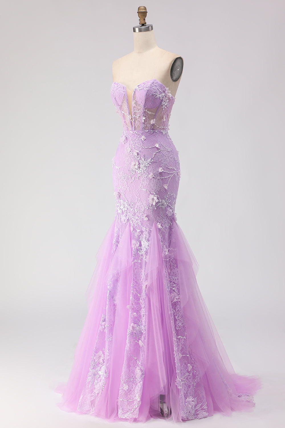 Floral Yellow Tulle Strapless Mermaid Long Corset Prom Dress with Lace