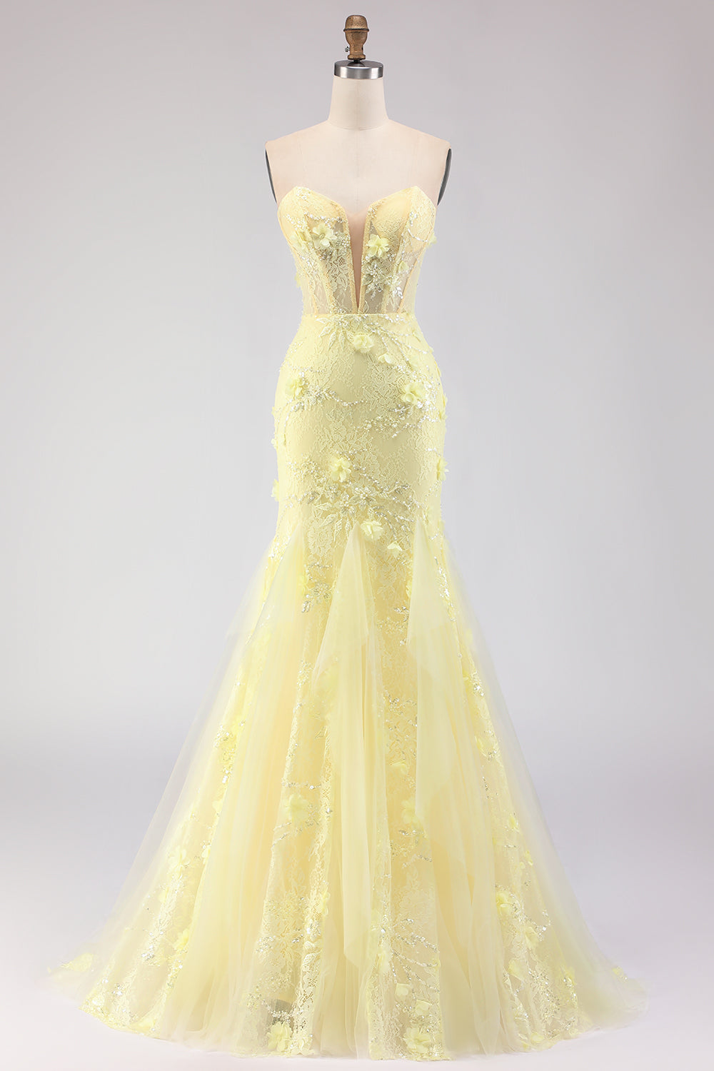 Floral Yellow Tulle Strapless Mermaid Long Corset Prom Dress with Lace