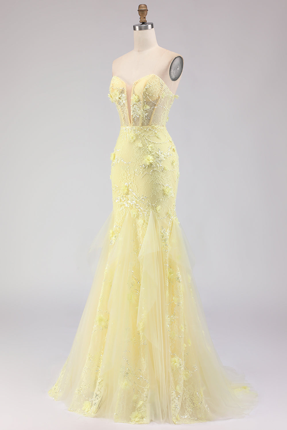 Floral Yellow Tulle Strapless Mermaid Long Corset Prom Dress with Lace