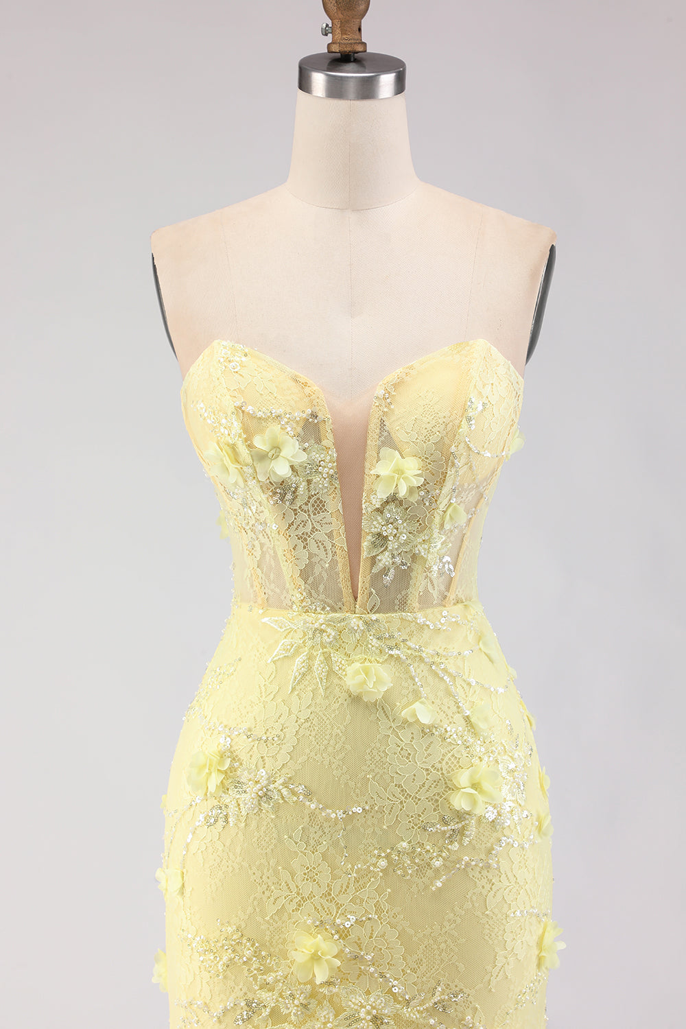 Floral Yellow Tulle Strapless Mermaid Long Corset Prom Dress with Lace