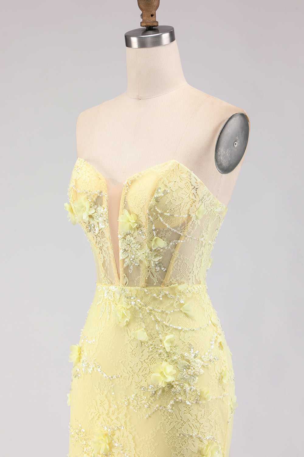 Floral Yellow Tulle Strapless Mermaid Long Corset Prom Dress with Lace