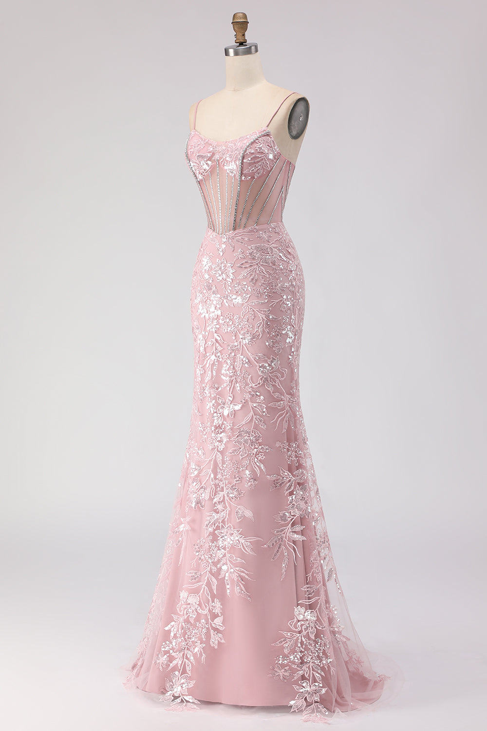 Sparkly Blush Floral Lace Sequin Corset Long Prom Dress with Rhinestone