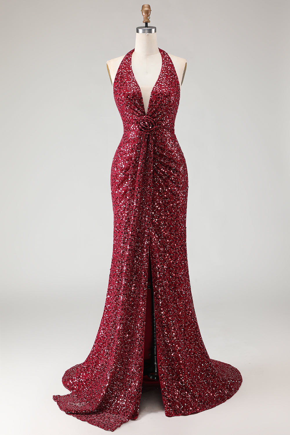 Sparkly Burgundy Halter Mermaid Long Sequin Prom Dress with Slit