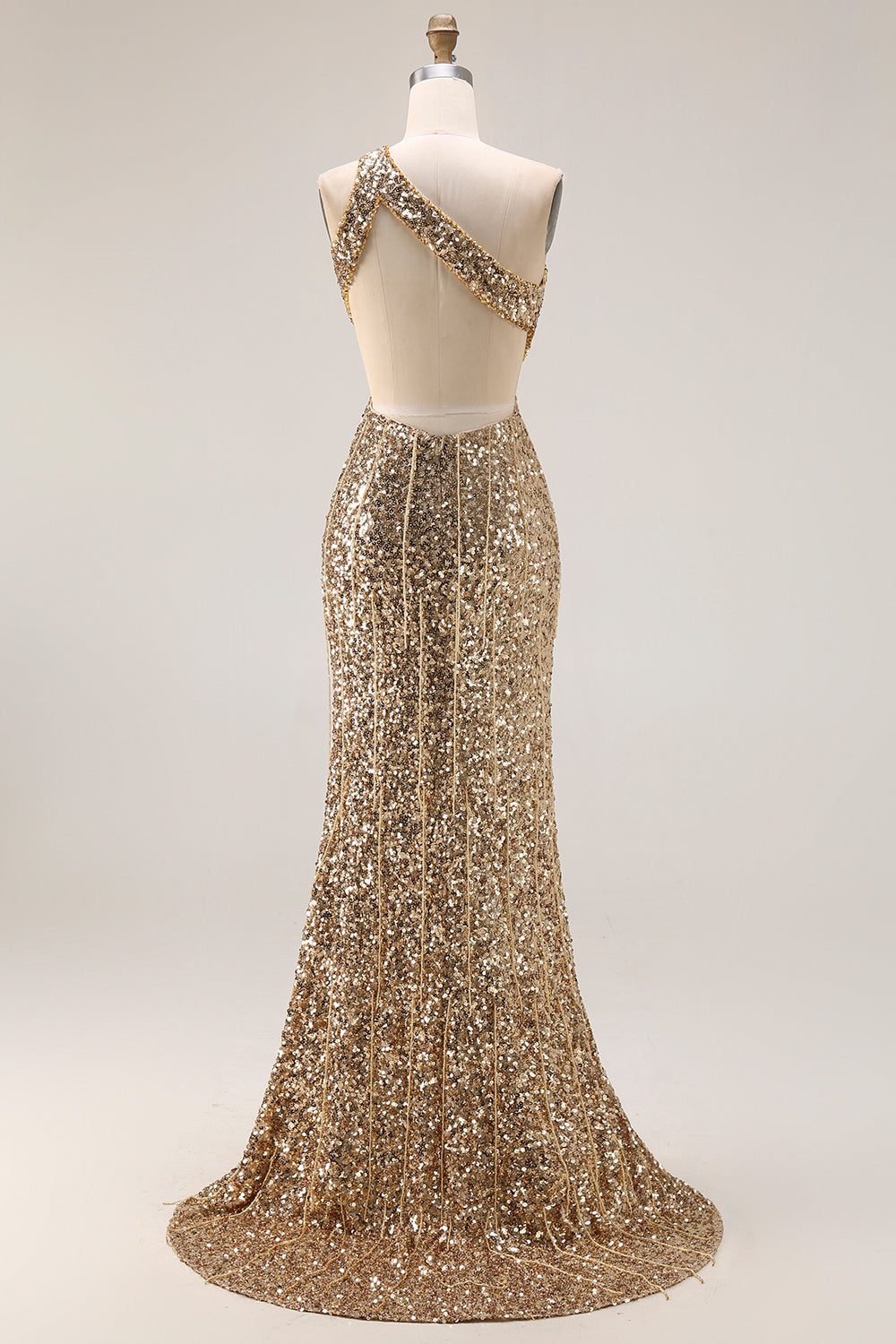 Sparkly Gold One Shoulder Mermaid Long Sequins Prom Dress with Slit