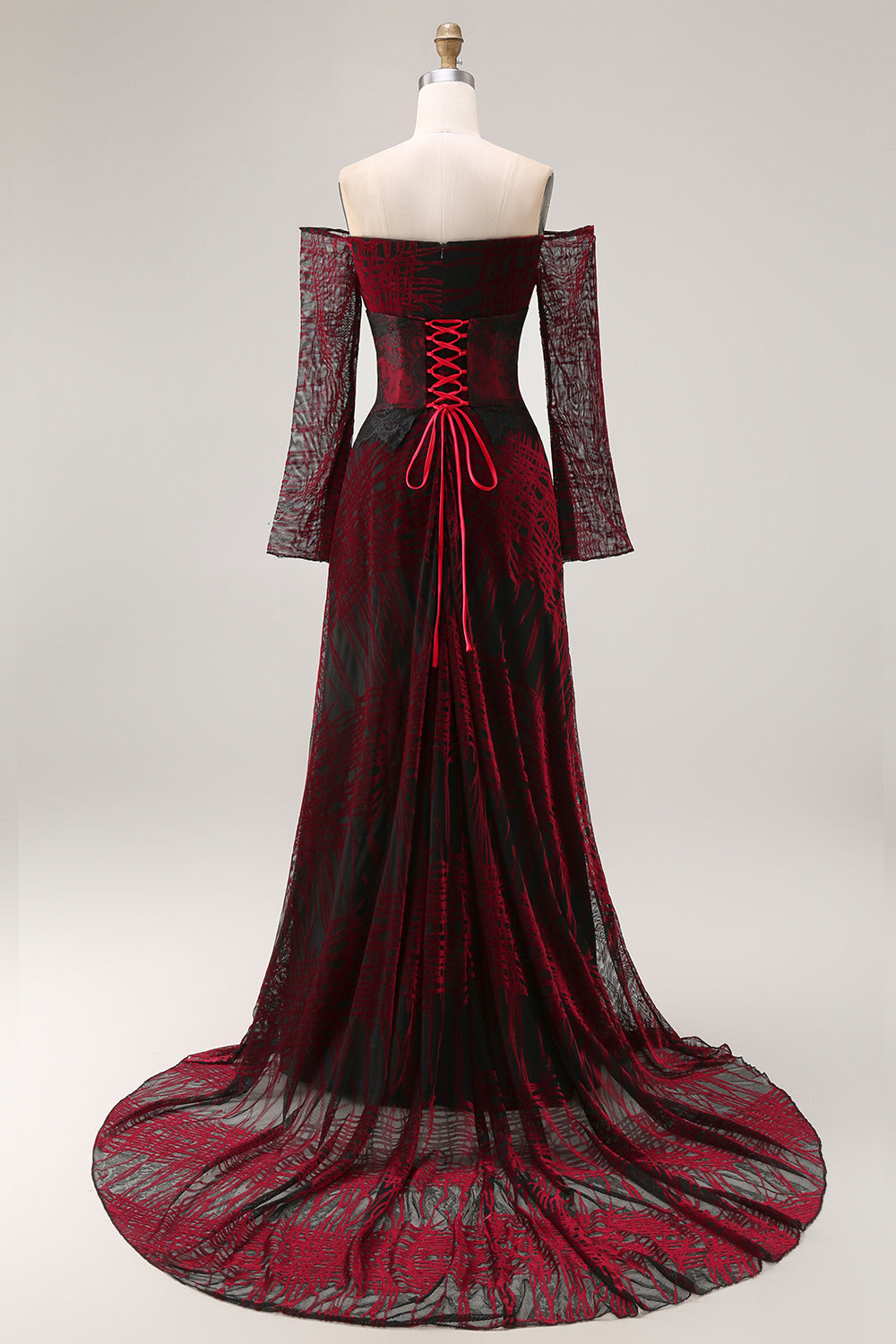 Black and Red Off the Shoulder A Line Long Prom Dress with Lace