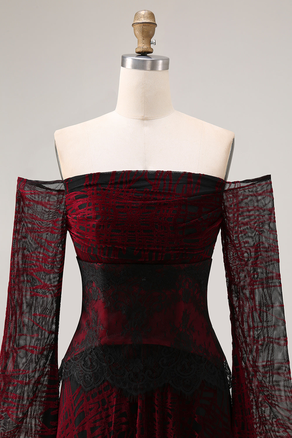 Black and Red Off the Shoulder A Line Long Prom Dress with Lace