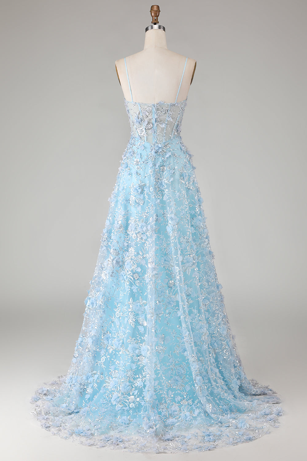 Floral Blue A Line Corset Tulle Long Sparkly Prom Dress with Slit