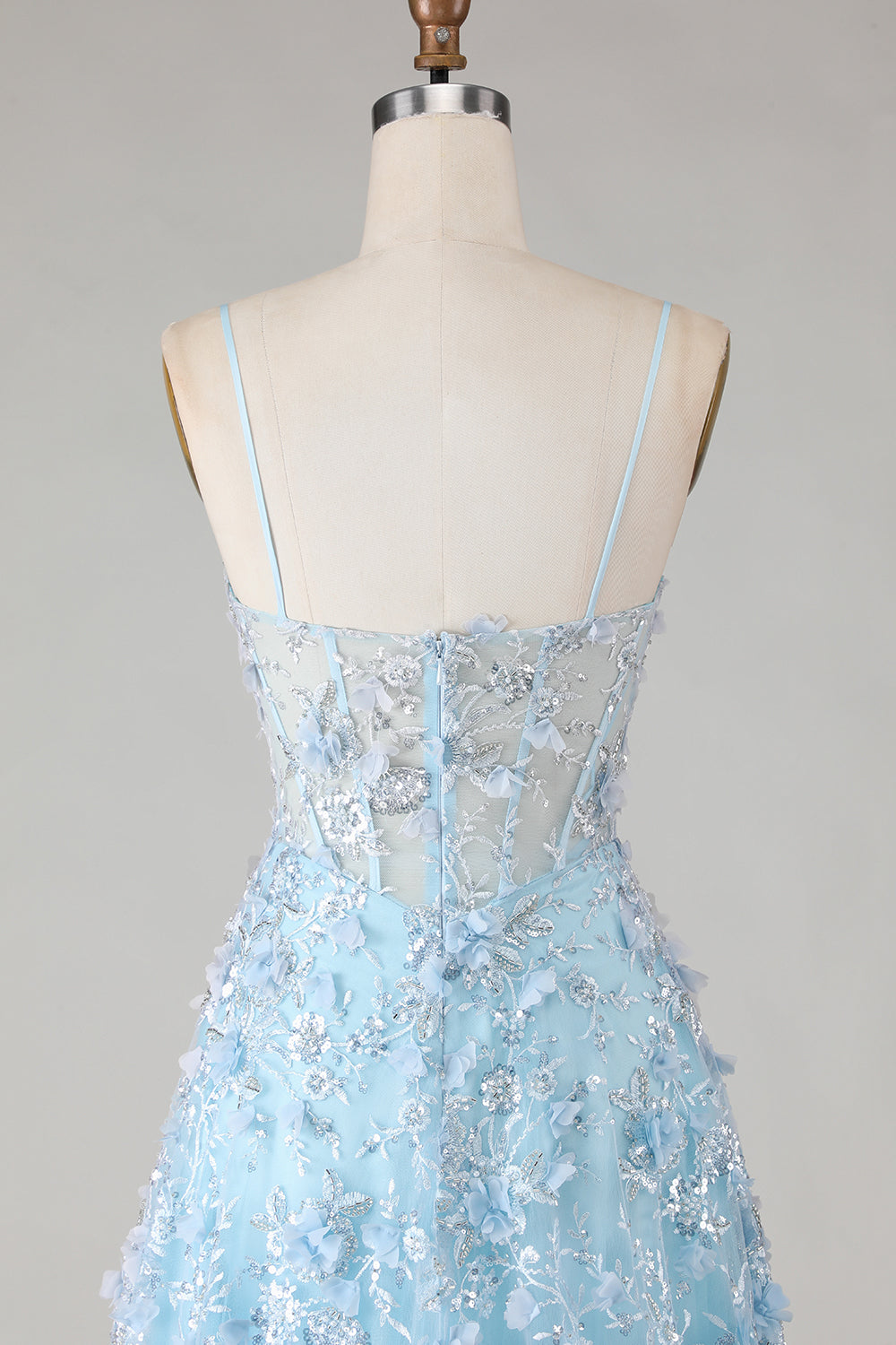 Floral Blue A Line Corset Tulle Long Sparkly Prom Dress with Slit