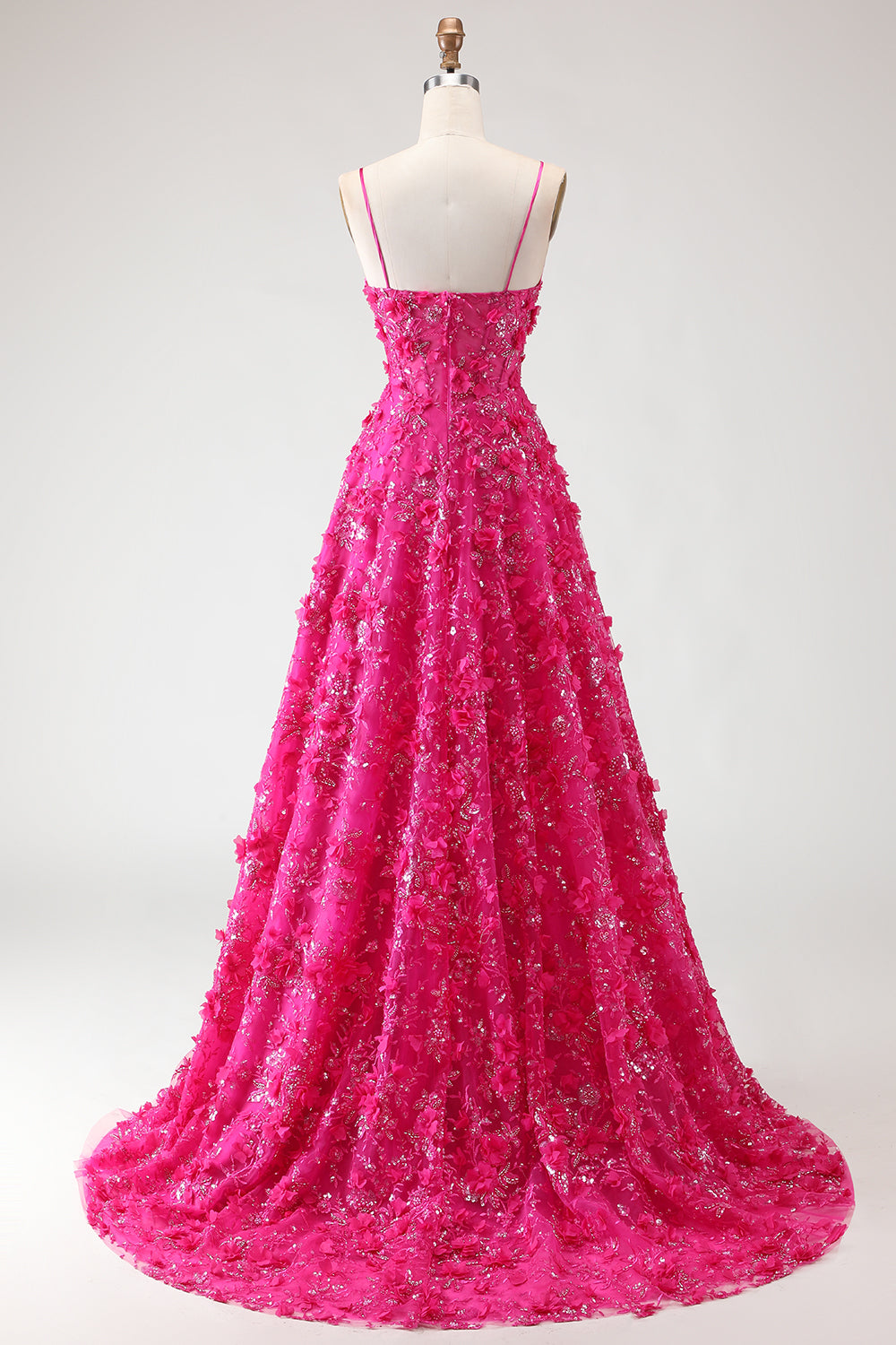 Sparkly Fuchsia Floral Beaded A-Line Corset Long Prom Dress with Slit