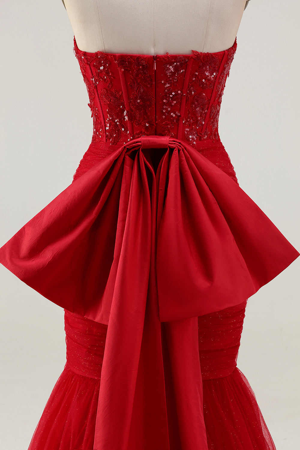 Sparkly Red Tulle Mermaid Long Corset Prom Dress with Bow