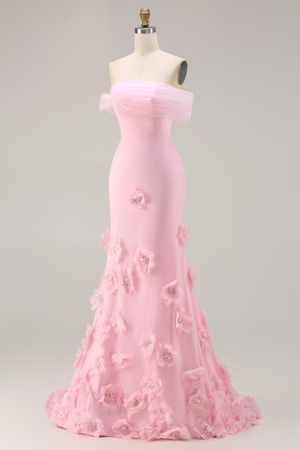Sparkly Pink Floral Off the Shoulder Mermaid Long Prom Dress with 3D Flowers