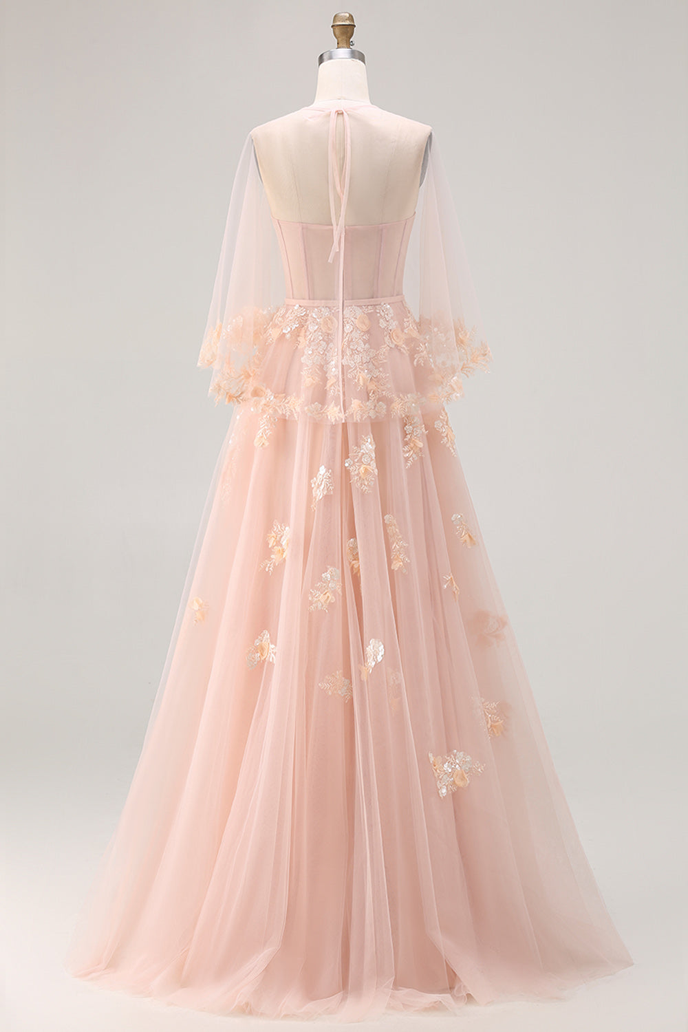 Floral Blush Tulle A Line Long Corset Prom Dress with Cape