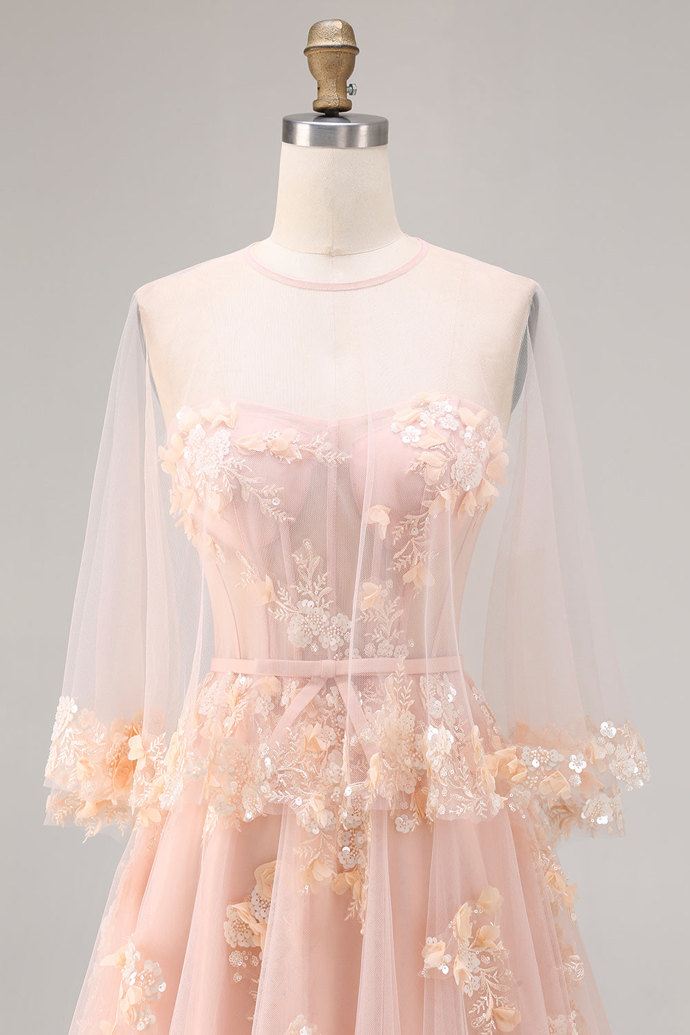 Floral Blush Tulle A Line Long Corset Prom Dress with Cape