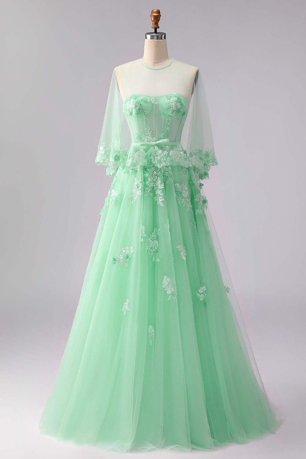 Floral Blush Tulle A Line Long Corset Prom Dress with Cape