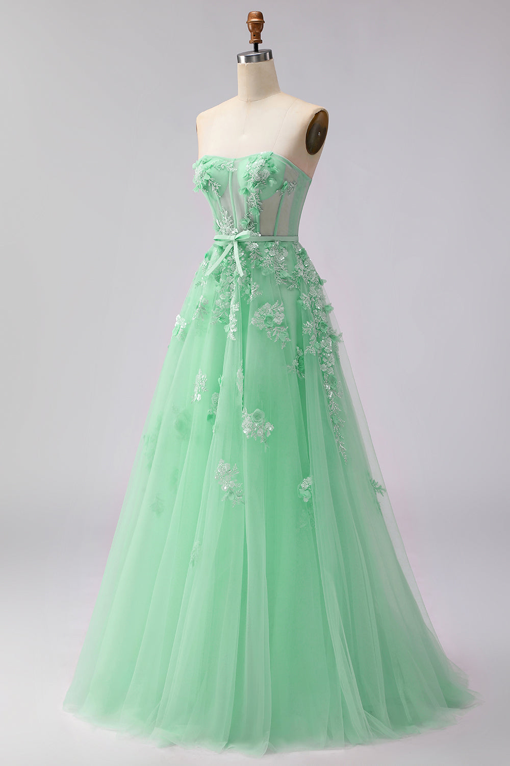 Floral Blush Tulle A Line Long Corset Prom Dress with Cape