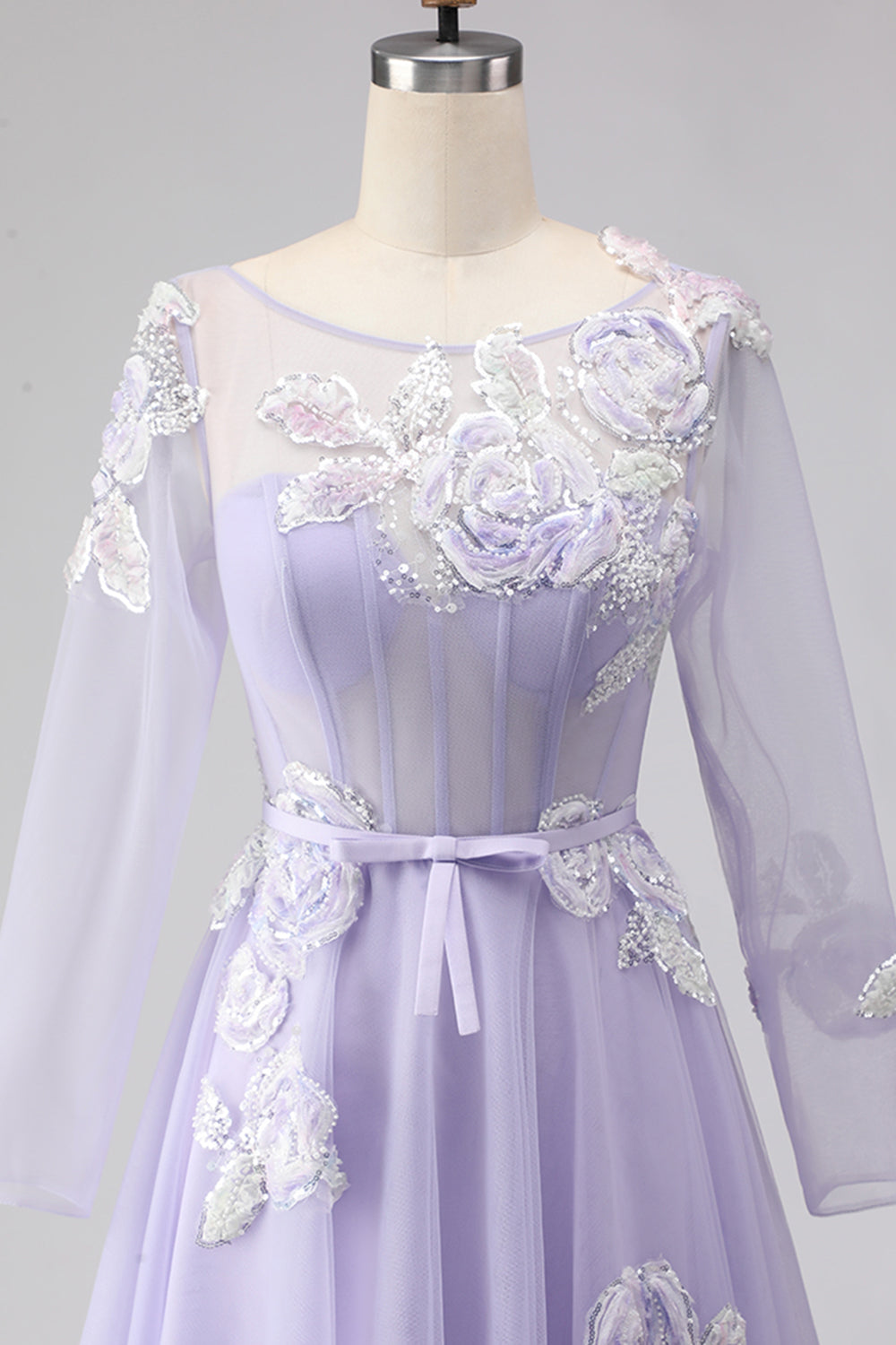 Sparkly Floral Lilac Tulle Appliqued A Line Long Corset Prom Dress with Sleeves
