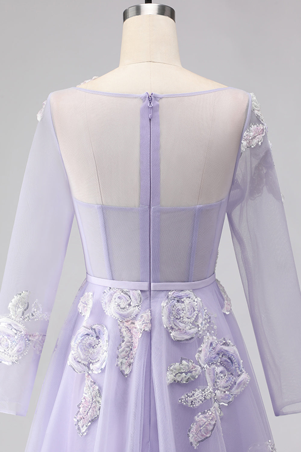 Sparkly Floral Lilac Tulle Appliqued A Line Long Corset Prom Dress with Sleeves