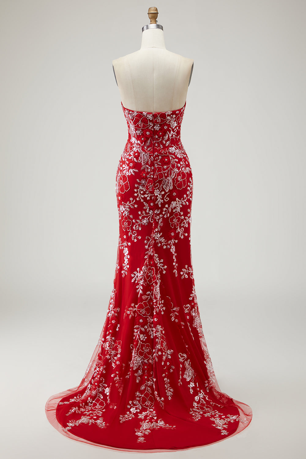 Sparkly Red Mermaid Ruched Strapless Long Prom Dress with Beading