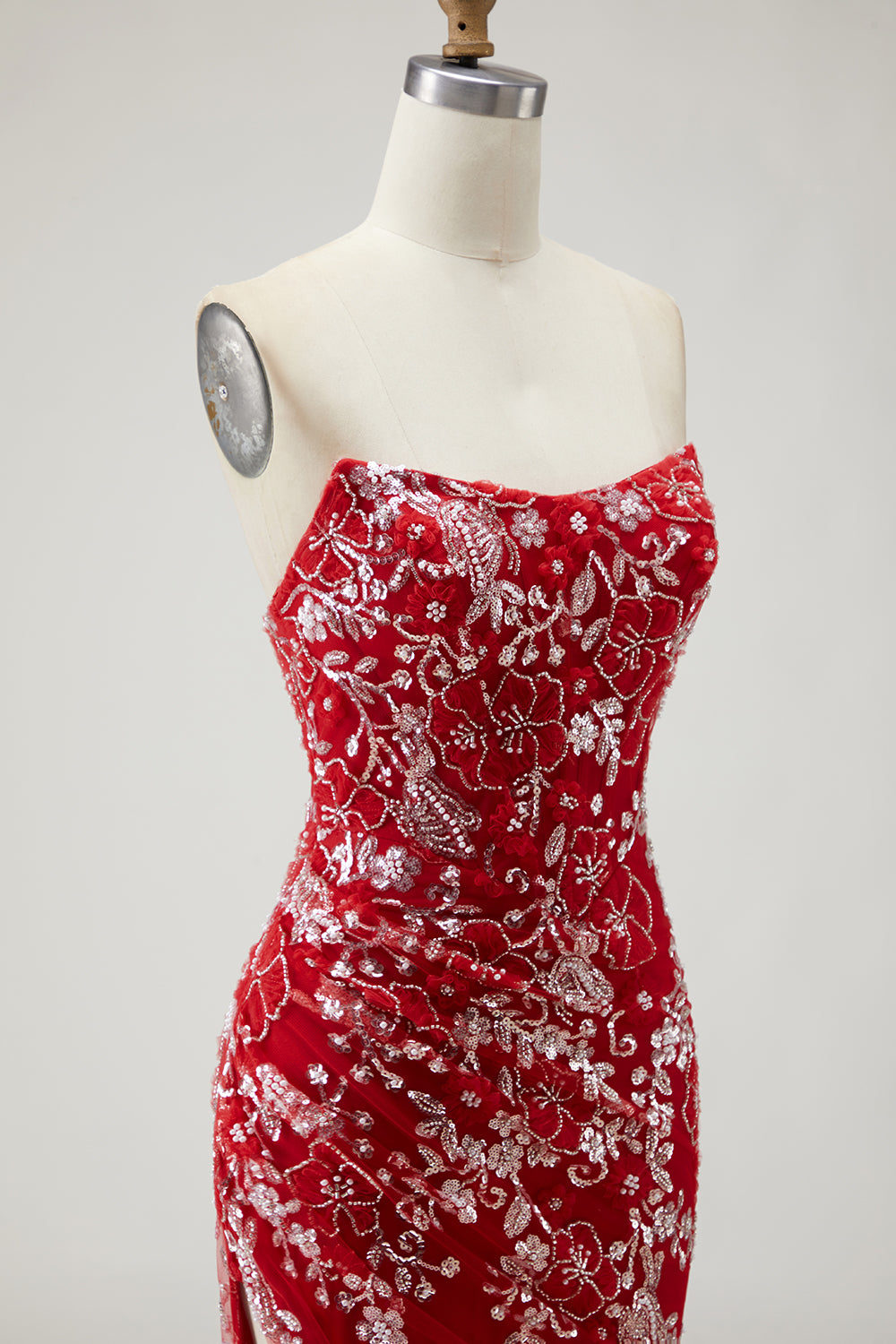 Sparkly Red Mermaid Ruched Strapless Long Prom Dress with Beading