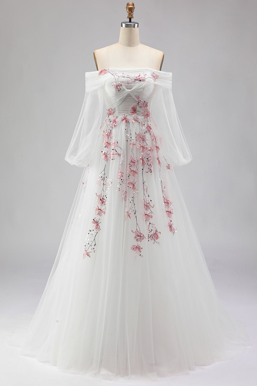 Floral Sparkly White A Line Tulle Prom Dress with Sequins