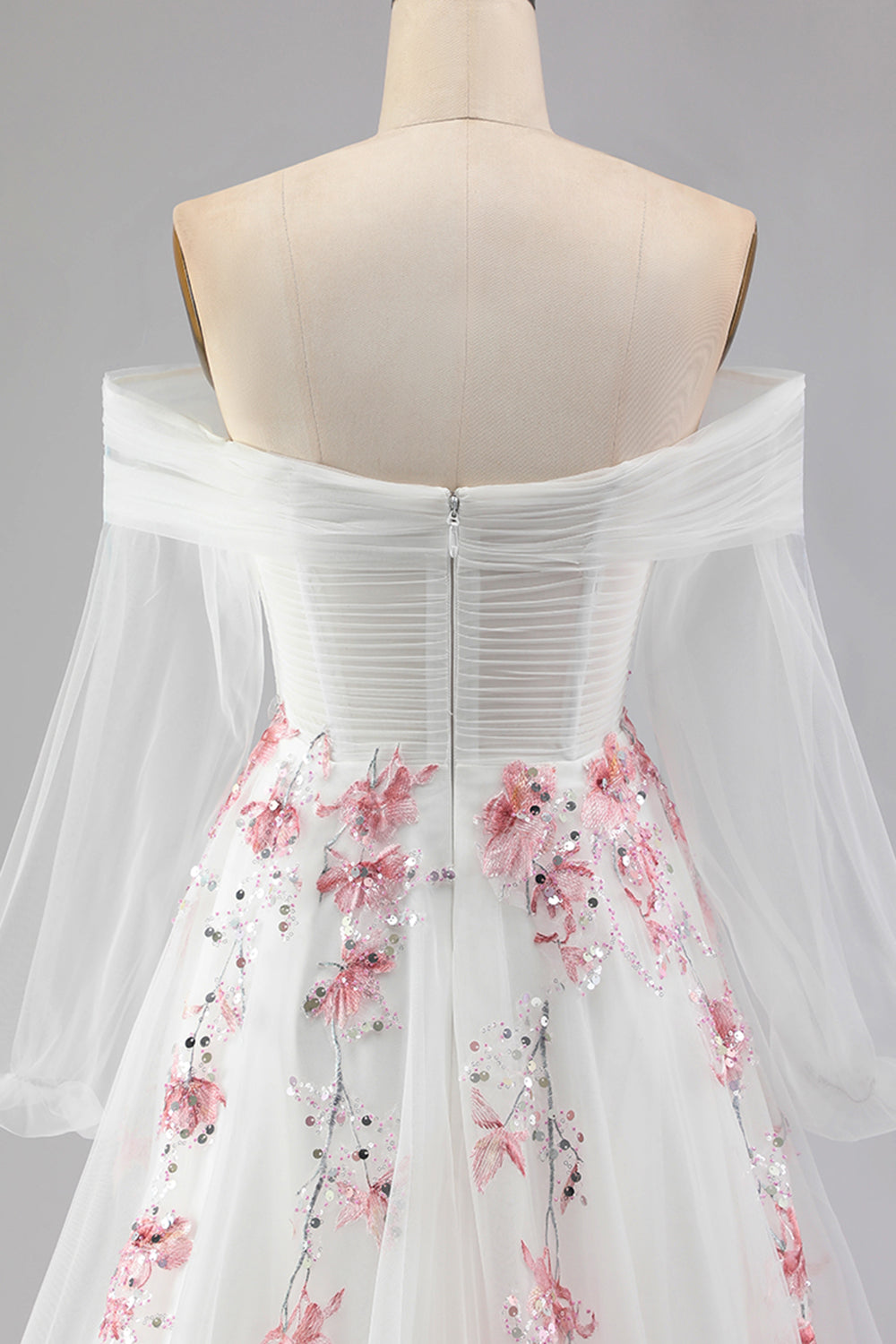 Floral Sparkly White A Line Tulle Prom Dress with Sequins