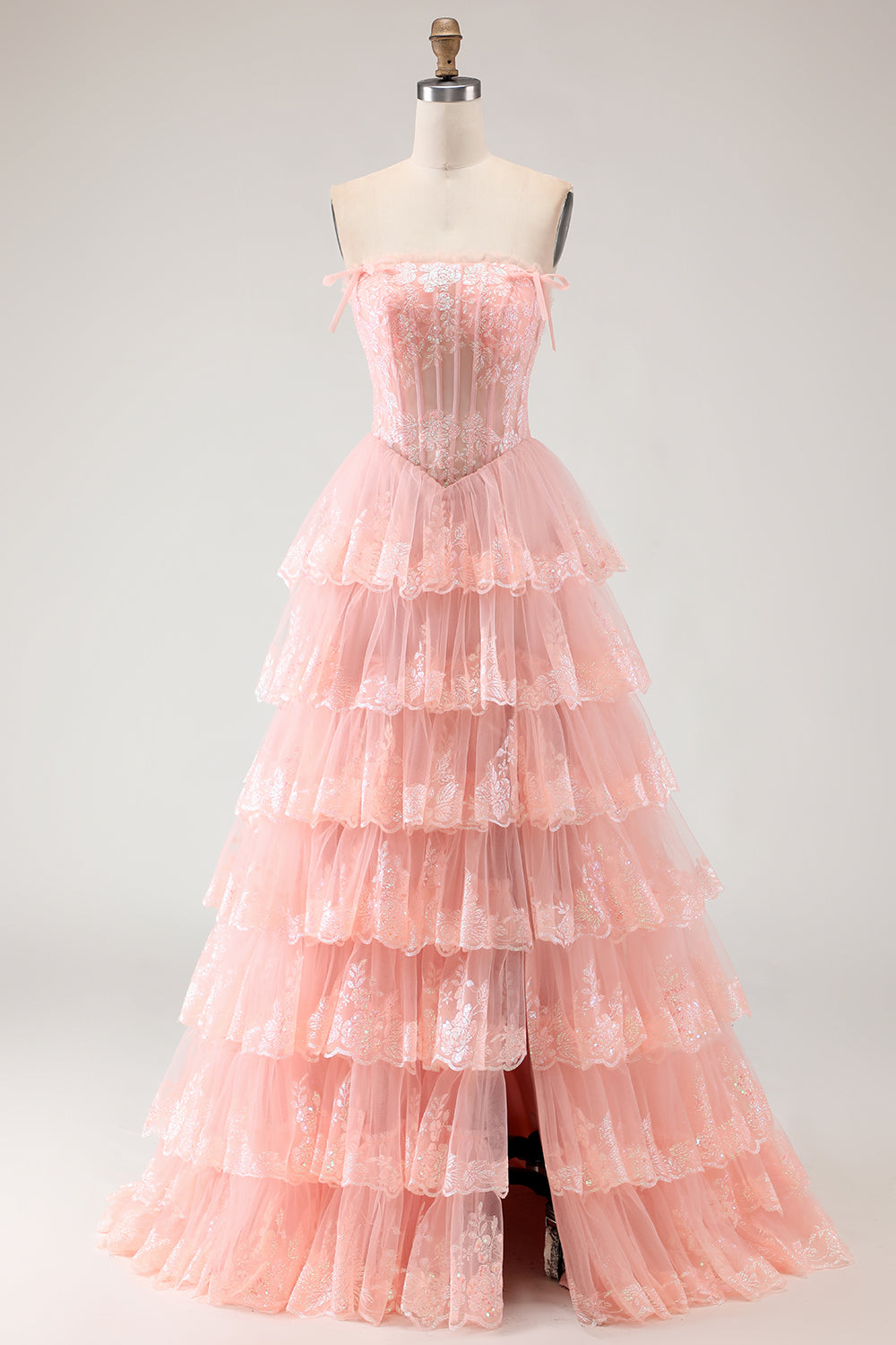 Floral Blush Tulle Tiered A Line Corset Long Prom Dress with Slit