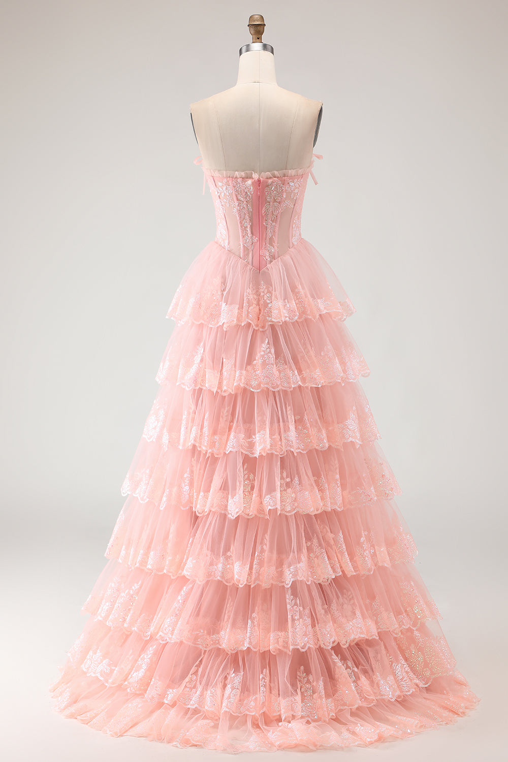 Floral Blush Tulle Tiered A Line Corset Long Prom Dress with Slit