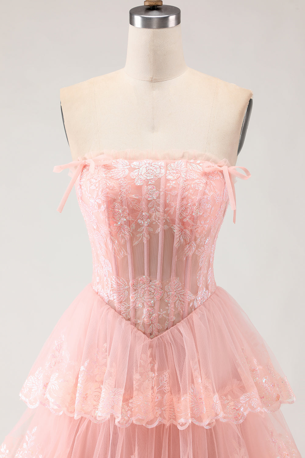Floral Blush Tulle Tiered A Line Corset Long Prom Dress with Slit