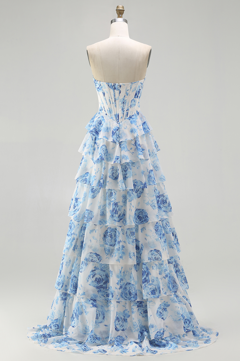 Sparkly White and Pink Ruffled Strapless Floral Corset Maxi Prom Dress